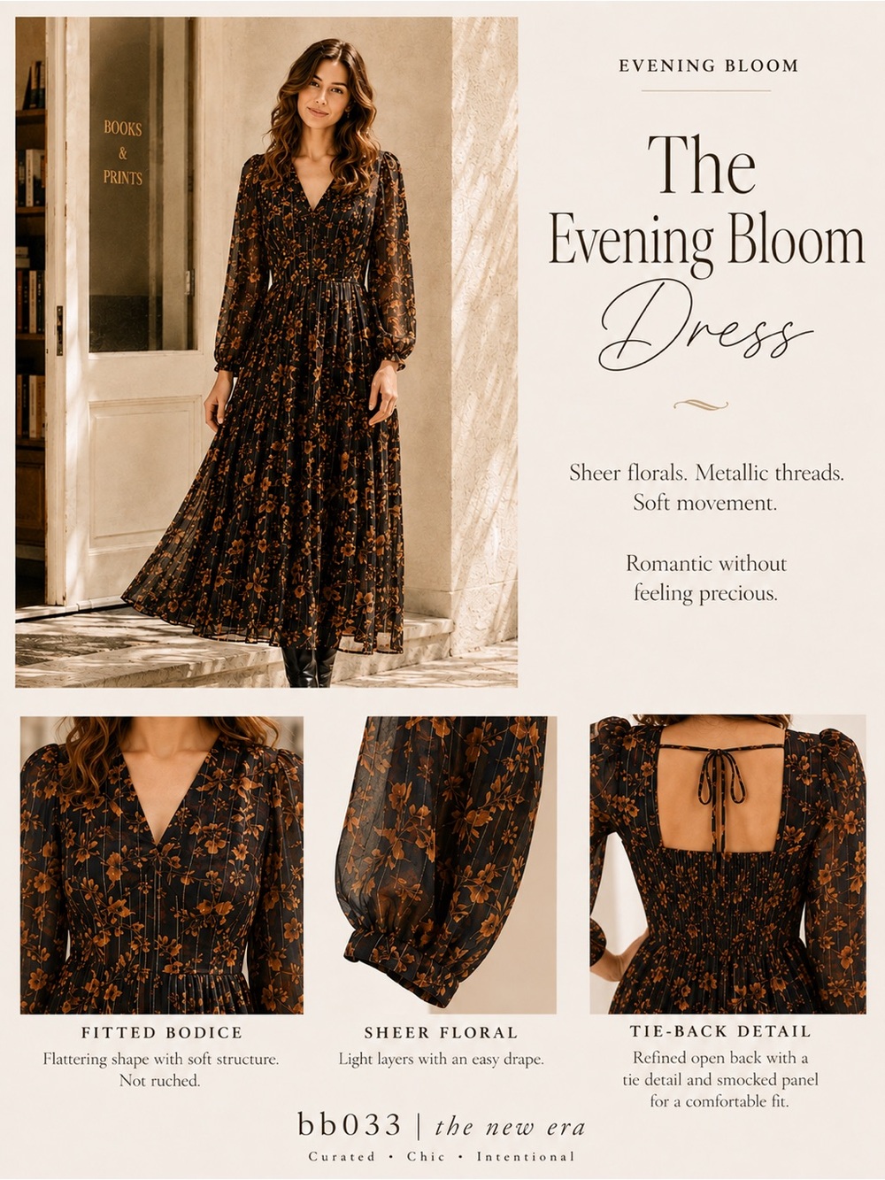 Sincerely Jules Black Floral Gold Metallic Tiered Maxi Dress | 3/4 Sleeves | L
